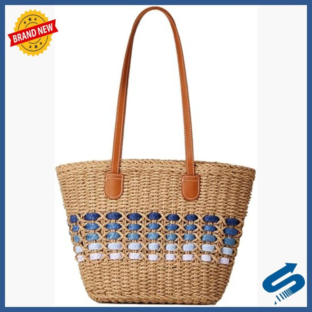 Large Straw Tote Bag with Zipper Closure for Beach Travel Shoulder Bag